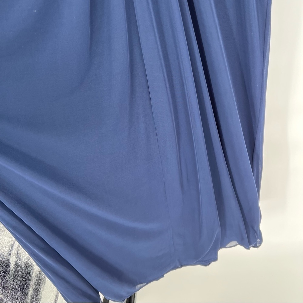 Alex Evenings Navy Blue Ruched Twist Column Bodice Lace Sleeve Maxi Dress Gown - Picture 3 of 14